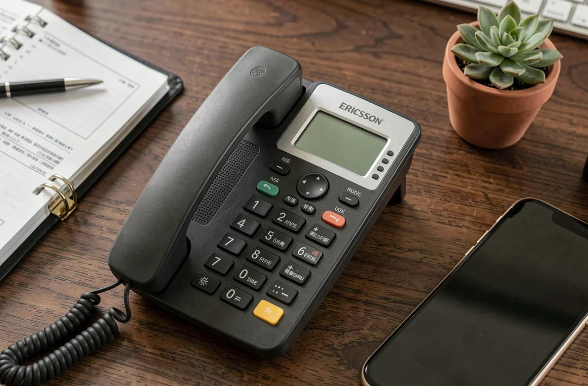Gros plan d'un téléphone de bureau Ericsson professionnel sur un bureau en chêne dans un environnement de PME