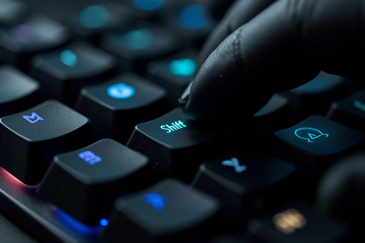 Gros plan sur la touche Shift d'un clavier gaming mécanique avec rétroéclairage RGB