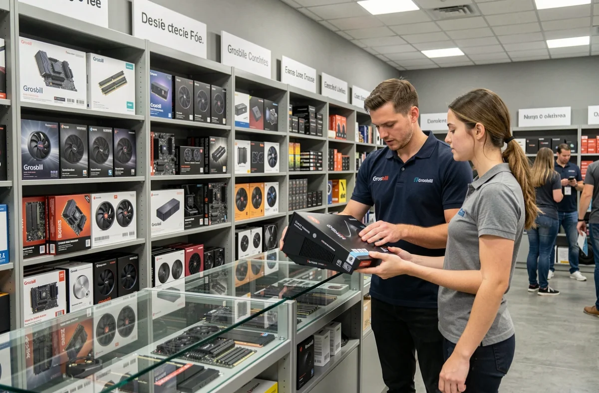 Intérieur du magasin Grosbill avec rayons de composants informatiques et vendeur conseillant une cliente