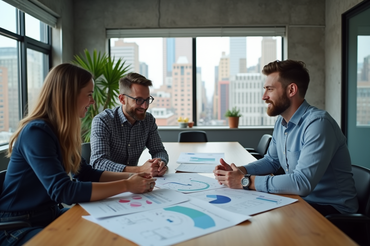 Groupe de professionnels discutant stratégie AI autour d