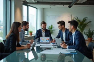 Groupe de professionnels en réunion dans un bureau moderne