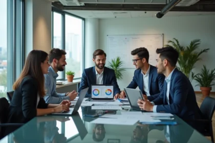 Groupe de professionnels en réunion dans un bureau moderne