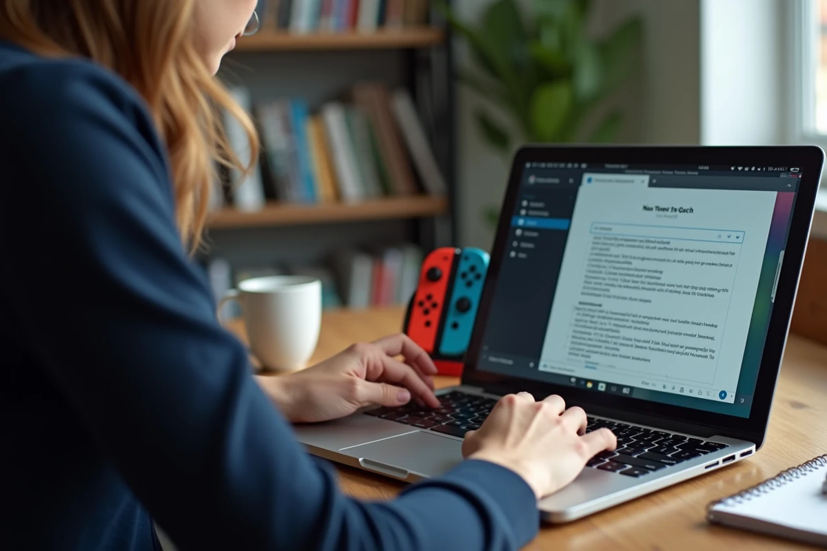 Femme consultant un guide de dépannage sur ordinateur pour résoudre un problème de synchronisation de manette Switch
