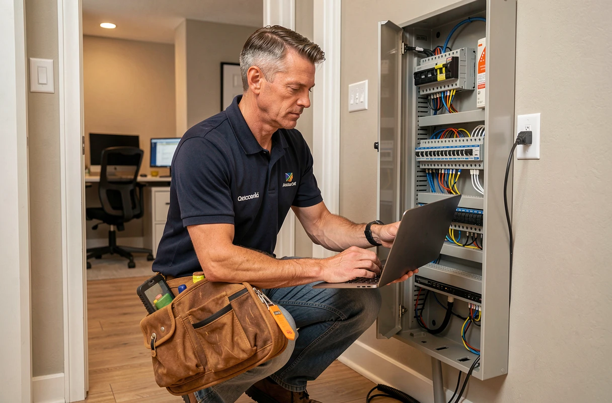 Technicien Home Electricity réalisant des prestations informatiques et électriques complémentaires dans une maison