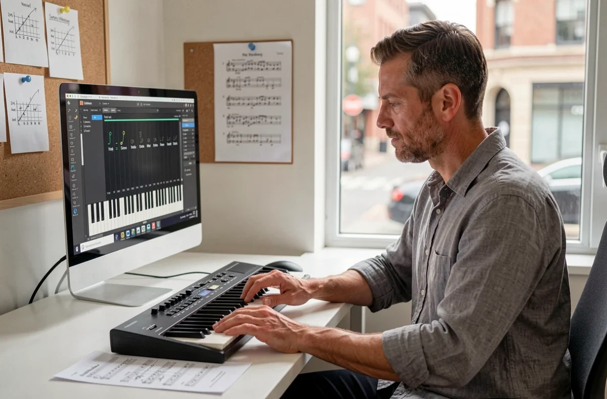 Homme adulte travaillant le solfège avec un piano virtuel gratuit et un clavier MIDI dans un bureau minimaliste