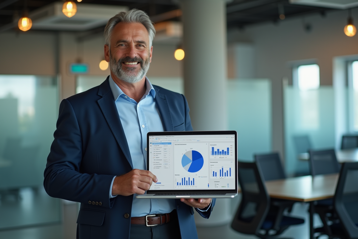 Homme d affaires analysant des graphiques sur son ordinateur portable