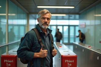 Homme d'âge moyen dans une station de métro bloqué par une barrière rouge
