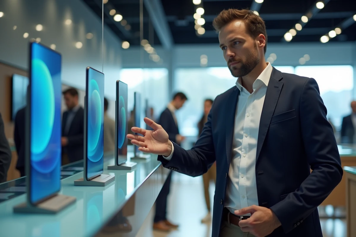 Homme examinant les offres promotionnelles sur les smartphones Samsung Galaxy S25 dans une boutique électronique