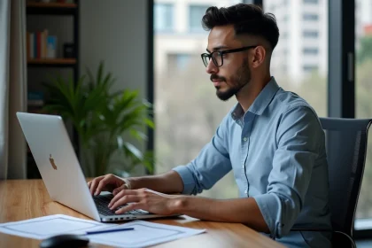 Homme en bureau moderne configure réseau sur ordinateur portable