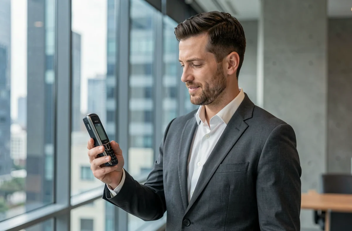 Homme en costume tenant un Nokia 8800, cadre urbain moderne, symbole de statut et d'élégance