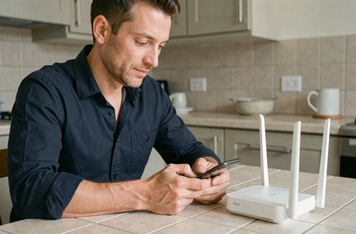 Homme assis en cuisine consultant l'application Bouygues Telecom sur son téléphone à côté de sa Bbox pour retrouver son mot de passe WiFi