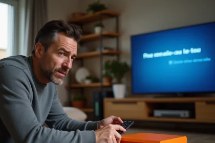 Homme consultant son décodeur Orange avec un message d'erreur L11-09 affiché sur l'écran de télévision
