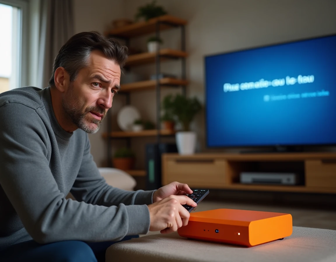 Homme consultant son décodeur Orange avec un message d'erreur L11-09 affiché sur l'écran de télévision