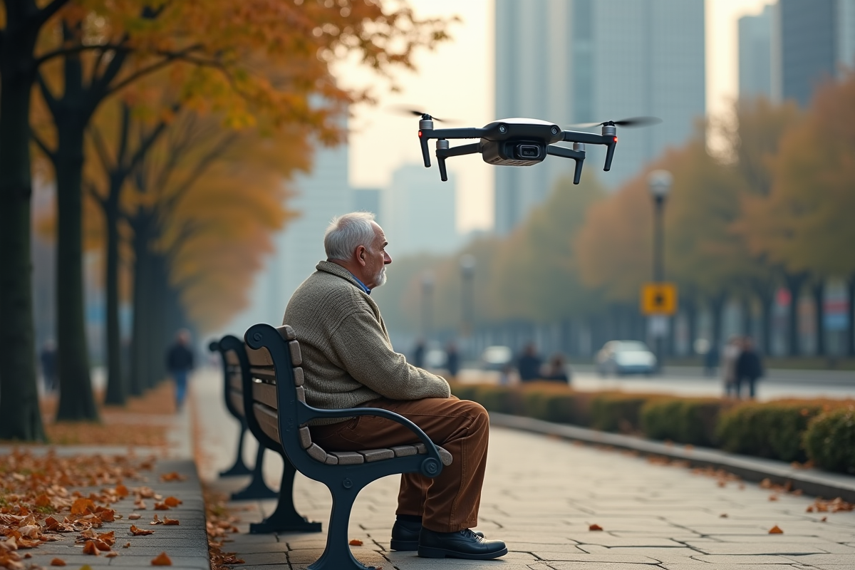 Homme âgé regardant un drone de livraison dans un parc