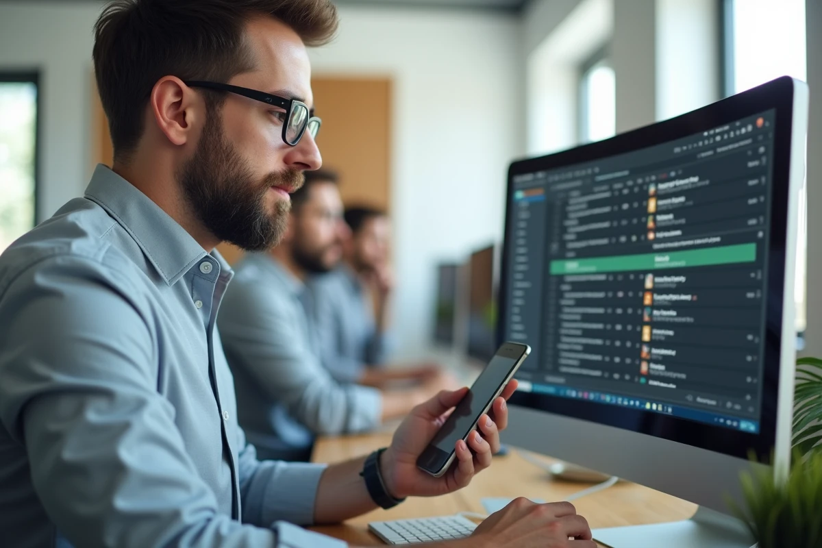 Homme éditant les métadonnées MP3 dans un bureau lumineux