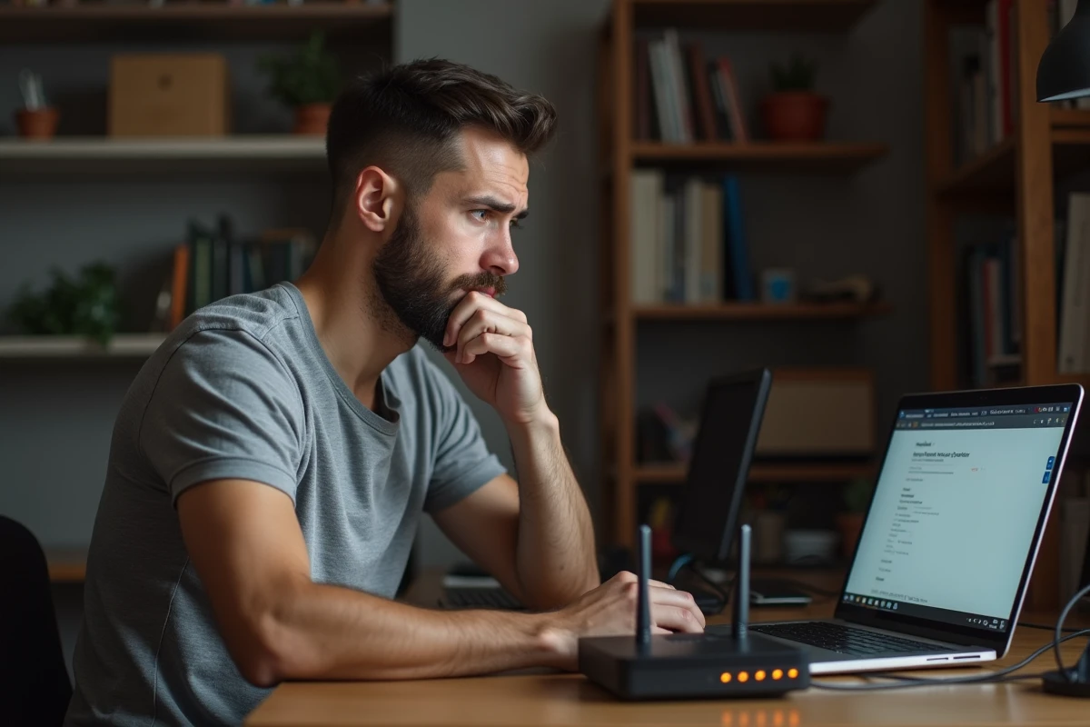 Homme frustré assis devant sa box internet avec une page d'erreur sur son ordinateur portable