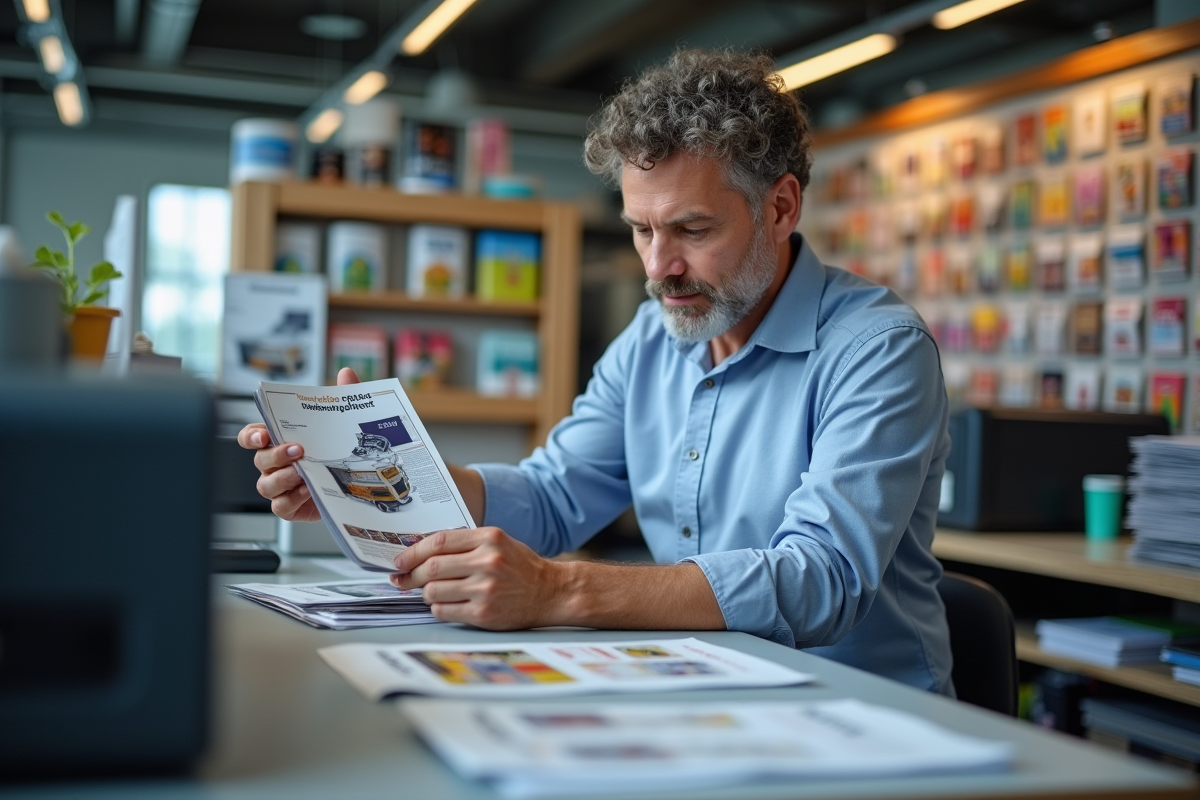 Homme examinant des flyers dans un atelier d