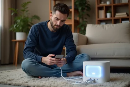Homme concentré vérifiant câble internet dans son salon