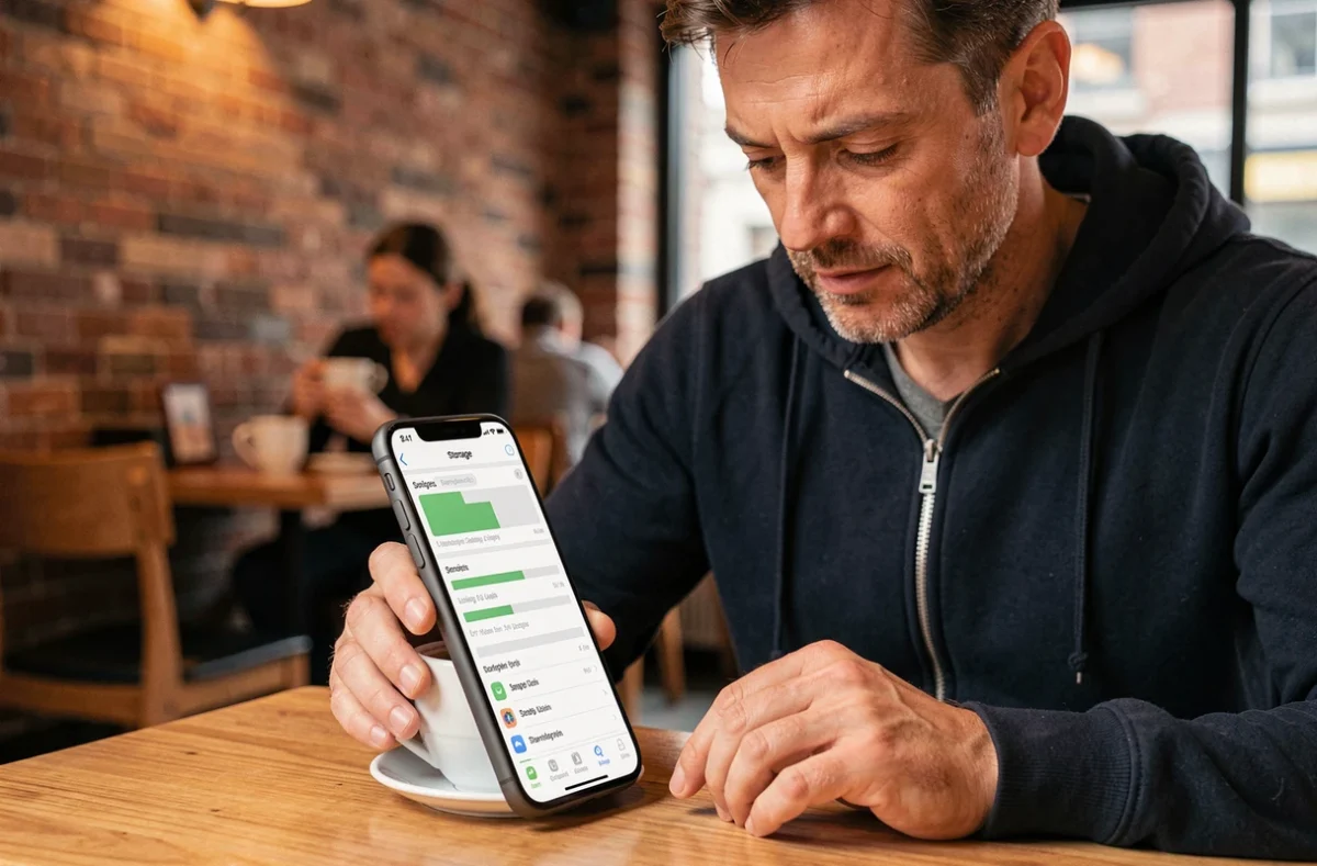 Homme vérifiant les paramètres de stockage de son iPhone dans un café urbain
