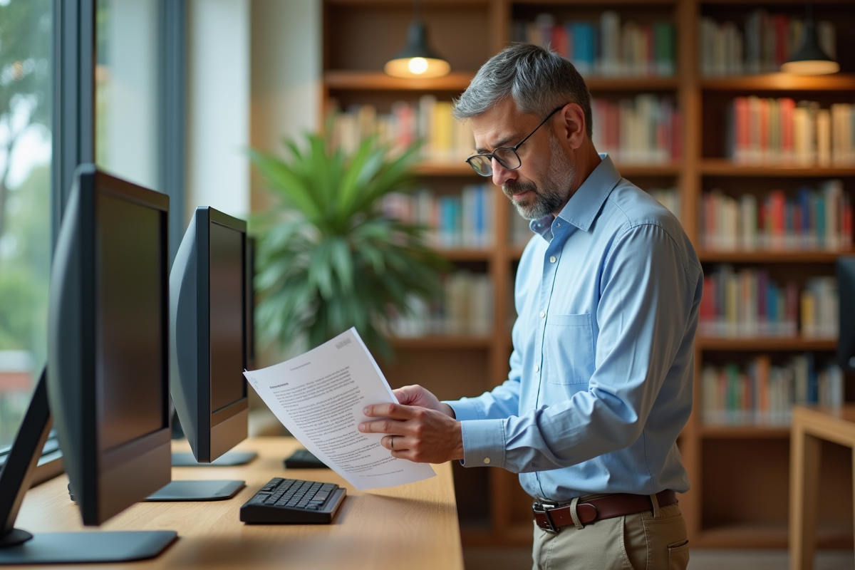 Homme d age moyen lisant un document dans une bibliothèque