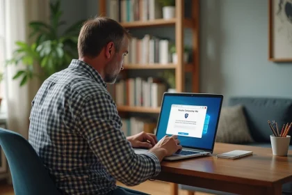 Homme concentré devant son ordinateur avec alerte antivirus