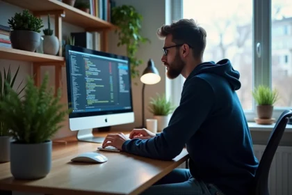 Homme en hoodie regardant un écran de diagnostic réseau