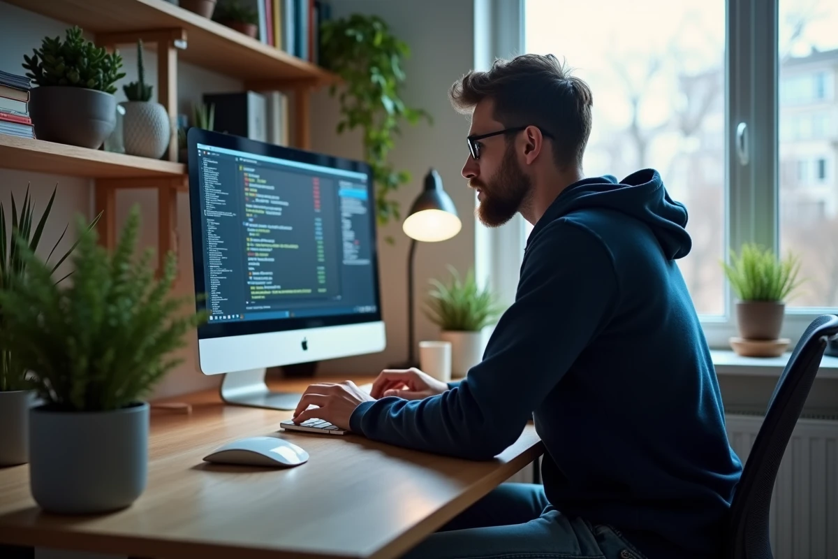 Homme en hoodie regardant un écran de diagnostic réseau