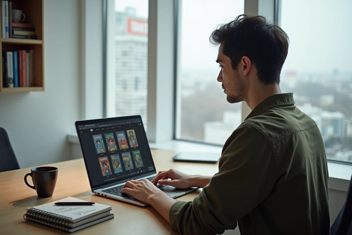 Homme organisant sa collection de mangas sur une application web depuis son bureau avec laptop et volumes empilés