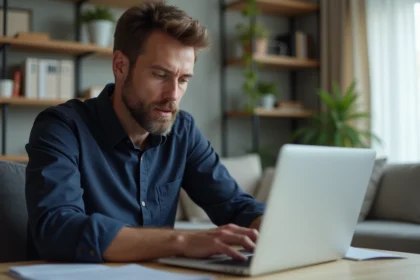 Homme regardant un bulletin de salaire sur son ordinateur