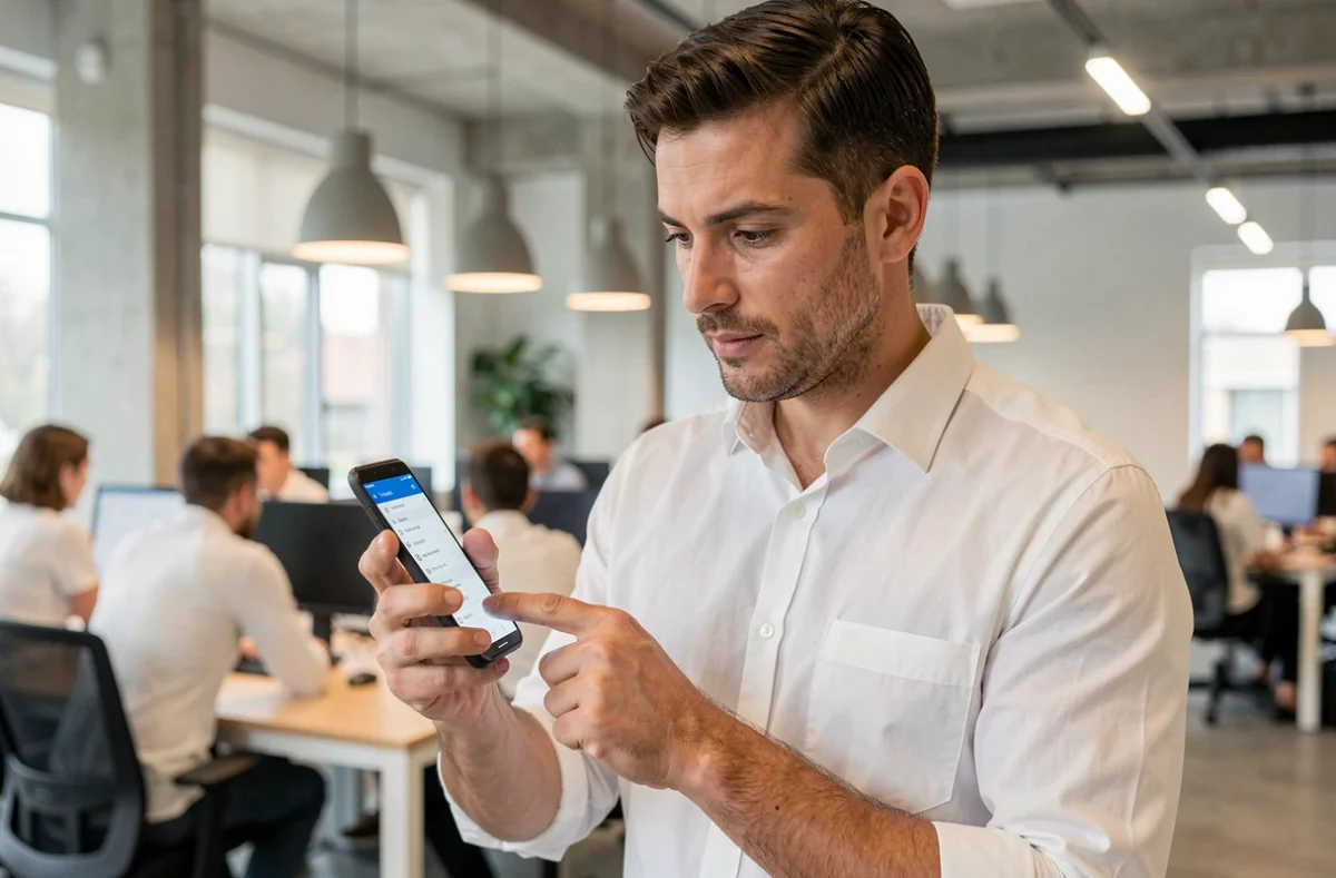 Homme accédant aux paramètres du clavier Android pour retrouver le presse-papier au bureau