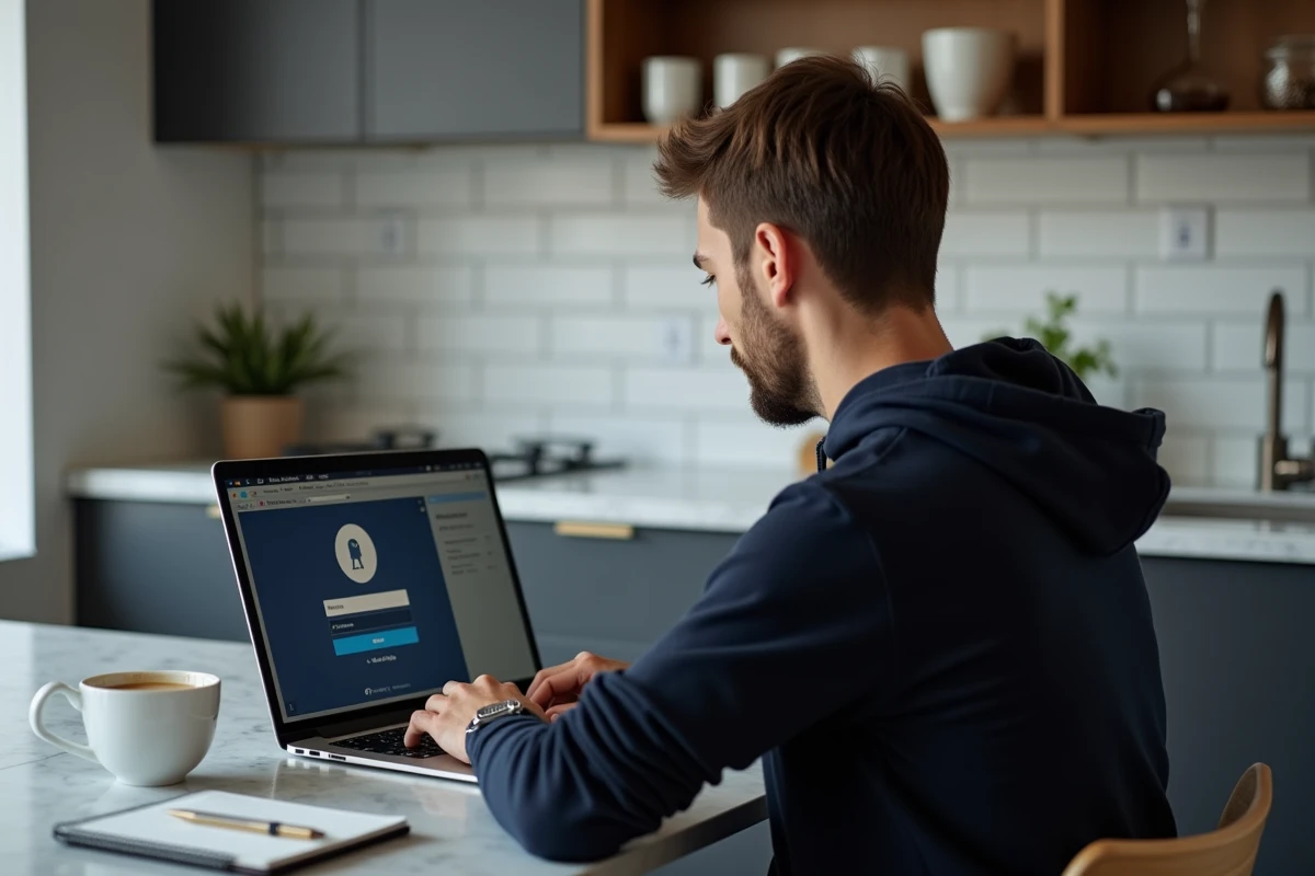 Homme utilisant son ordinateur dans une cuisine moderne