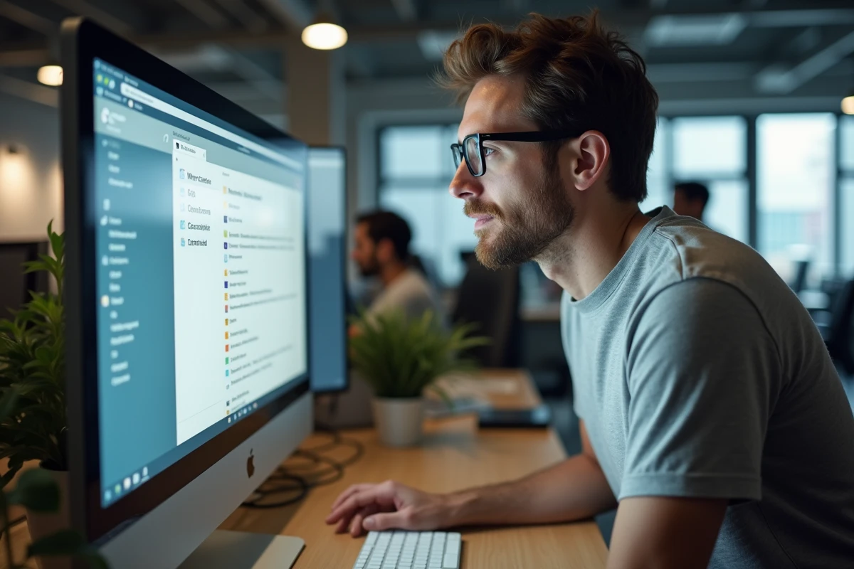 Homme consultant l'interface Roundcube sur un ordinateur de bureau pour gérer les spams de sa messagerie Free