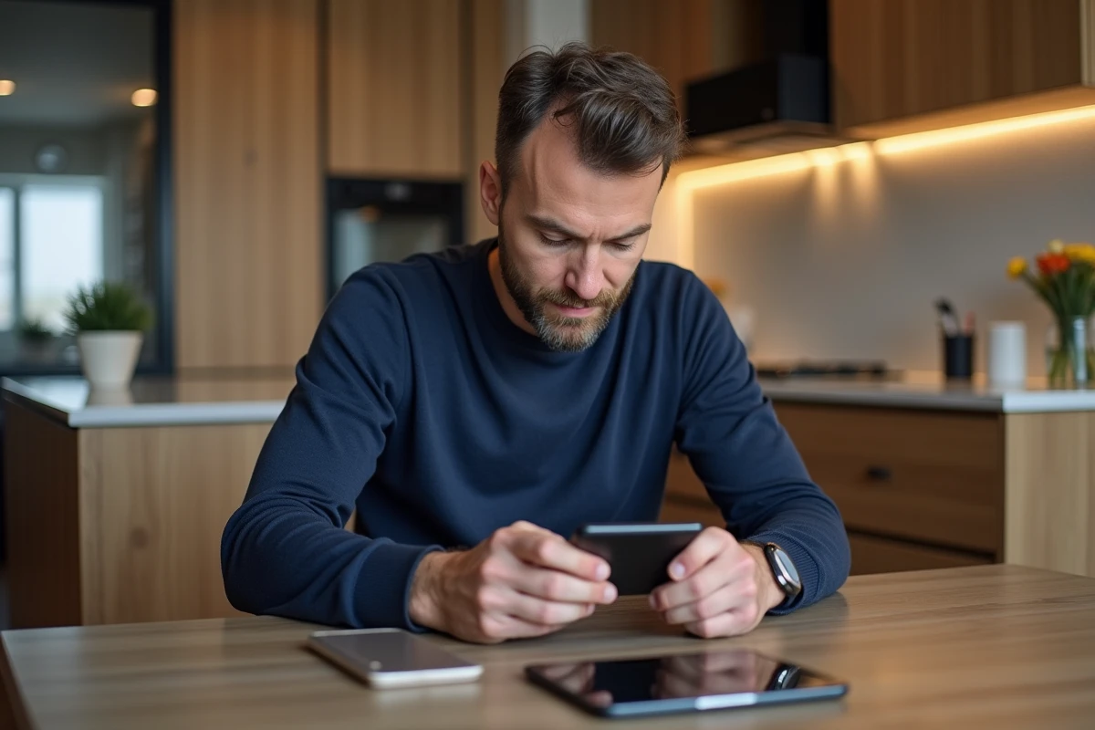 Homme d'âge moyen utilisant son smartphone dans la cuisine moderne