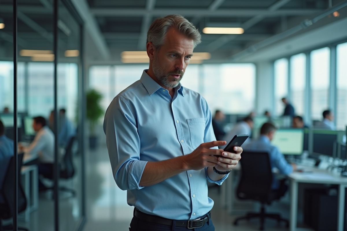 Homme surpris examinant son smartphone dans un bureau contemporain
