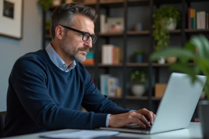Homme d'âge moyen concentré sur son ordinateur à la maison