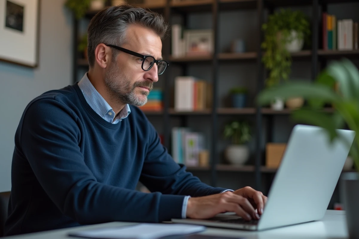 Homme d'âge moyen concentré sur son ordinateur à la maison