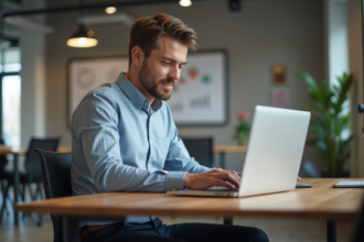 Homme professionnel travaillant sur son ordinateur dans un bureau moderne