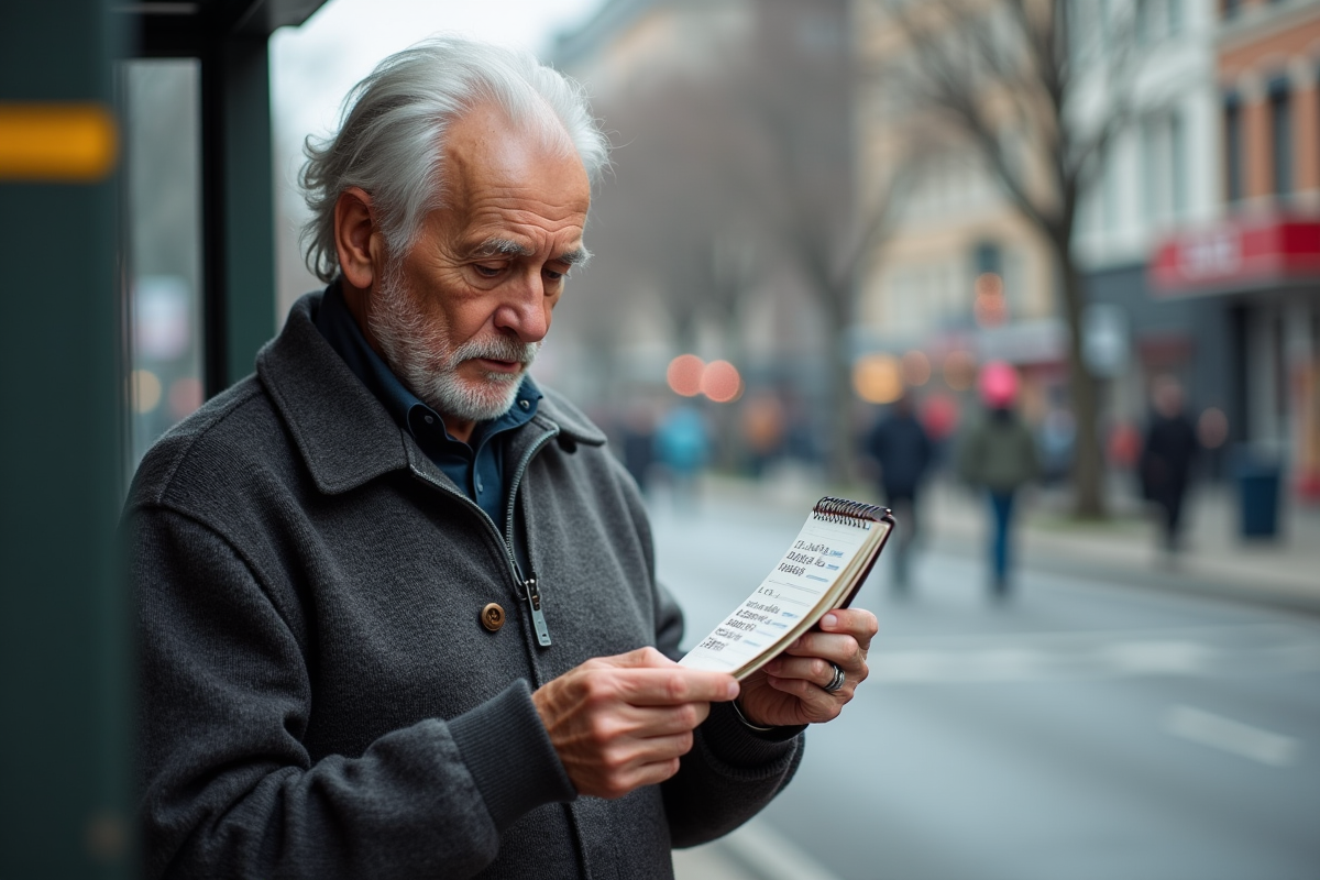 Homme âgé consulte calendrier 2025 à un arrêt de bus en ville