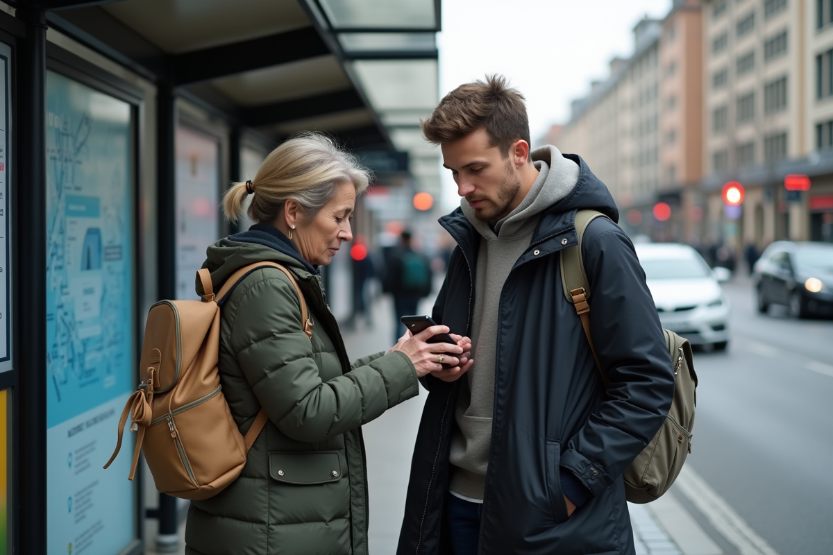 Jeune homme indique un itinéraire urbain avec son smartphone