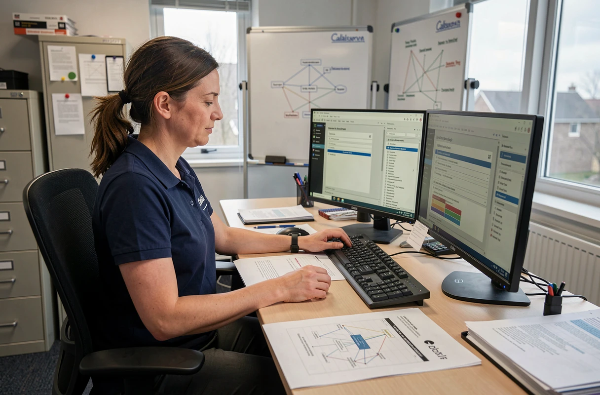 Technicienne informatique d'Infoaudit.com à Calais réalisant un audit réseau sur double écran