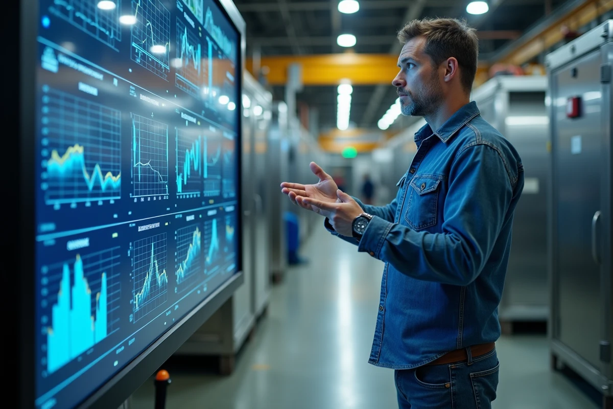 Ingénieur surveillant des données sur un grand écran industriel