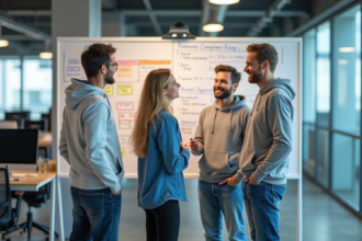 Trois ingénieurs logiciels en réunion devant un tableau blanc