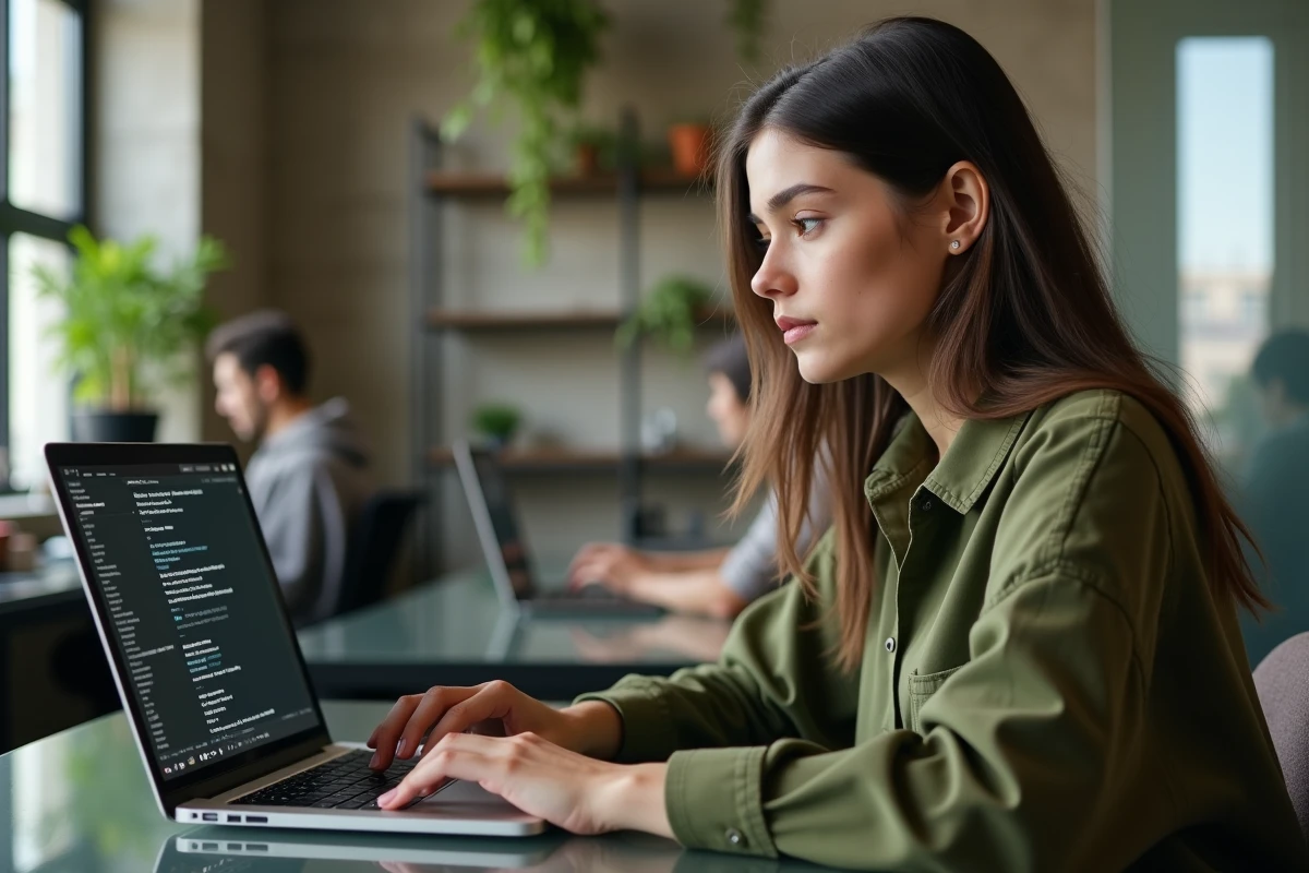 Jeune développeuse vérifiant l'installation de pip Python sur un laptop dans un espace de coworking moderne