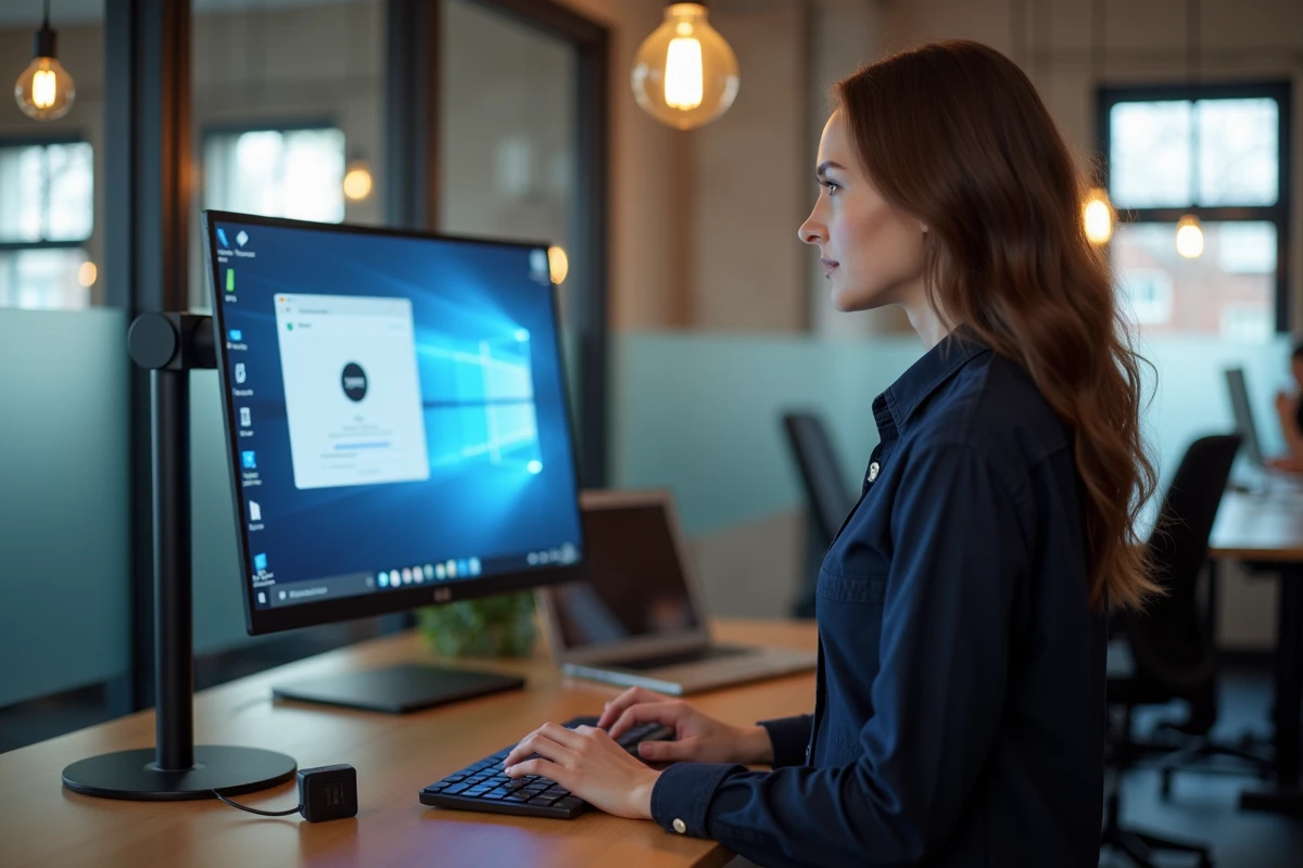 Femme configurant un dual boot macOS et Windows 11 sur un MacBook avec une clé USB d'installation