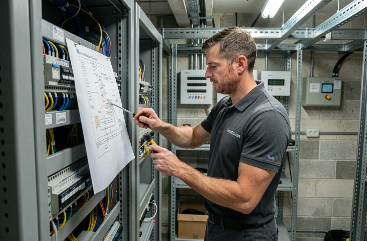 Technicien d'Instaltechservices installant un commutateur réseau dans un rack serveur en Franche-Comté