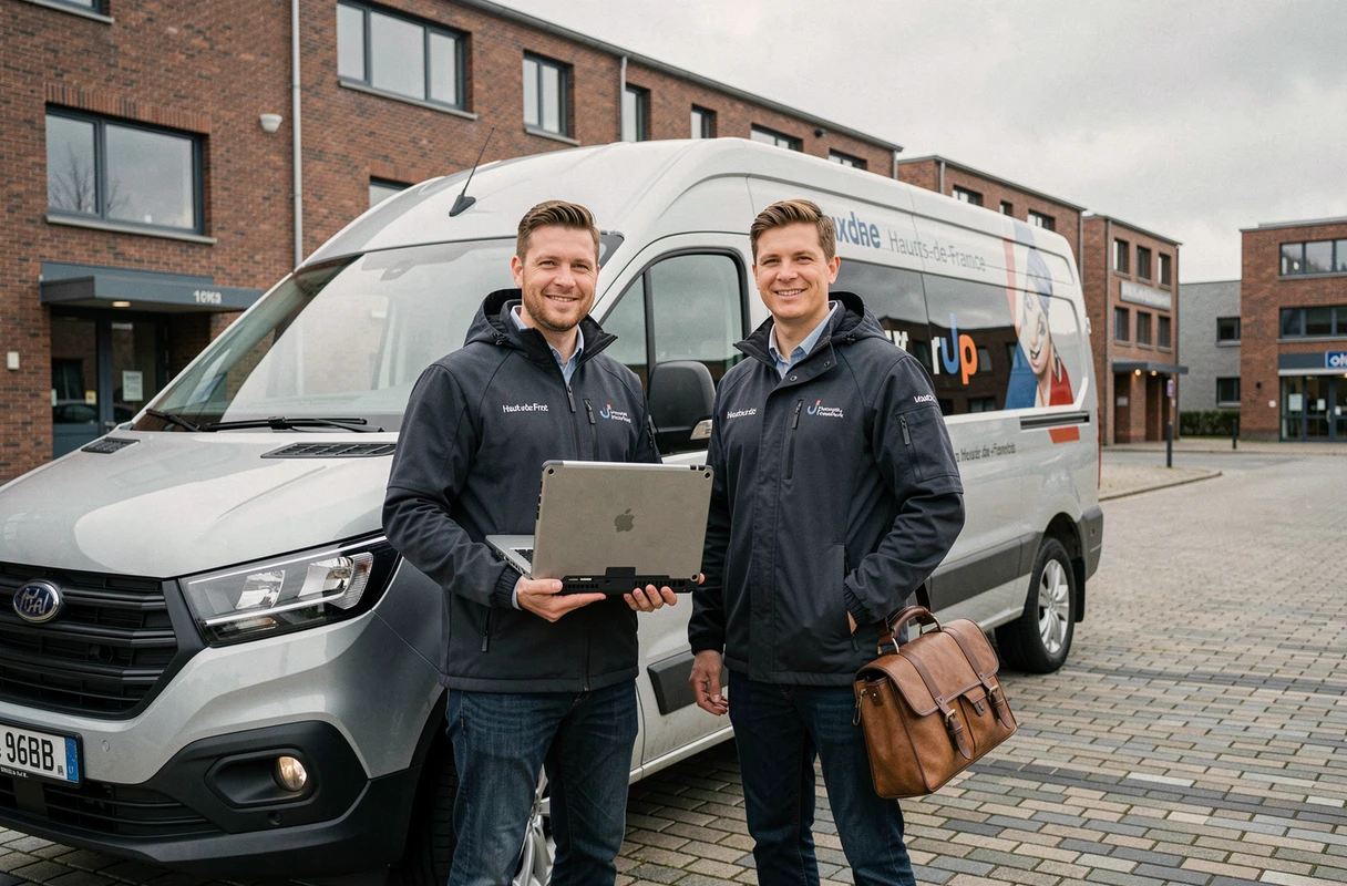 Deux techniciens IT2i en Hauts-de-France prêts pour une intervention informatique mobile dans le Pas-de-Calais