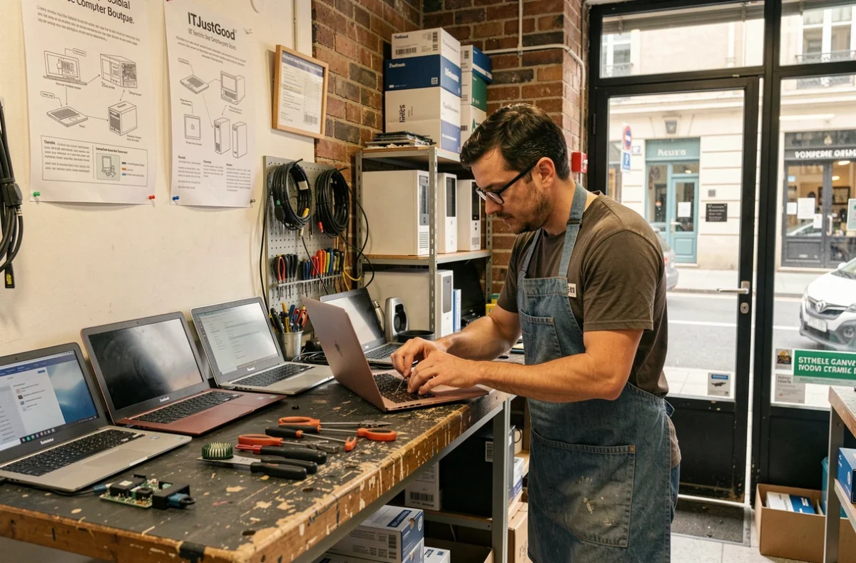 Intérieur de la boutique informatique ITJustGood à Paris avec un technicien réparant un ordinateur portable
