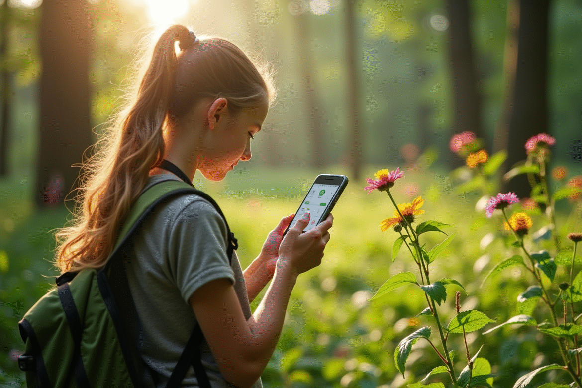 Jeune botaniste utilisant un smartphone pour identifier une fleur sauvage dans une forêt verte