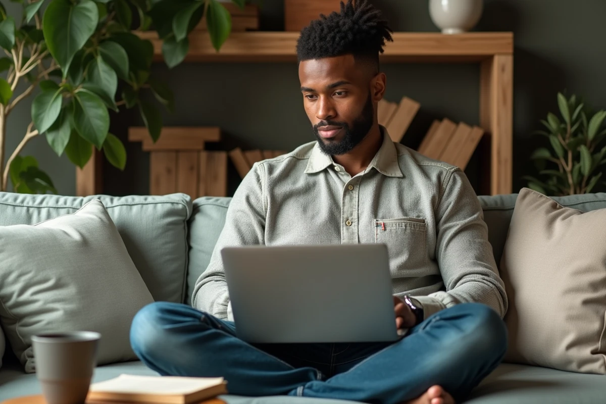 Jeune entrepreneur analysant des données de business sur son ordinateur portable dans un bureau à domicile chaleureux