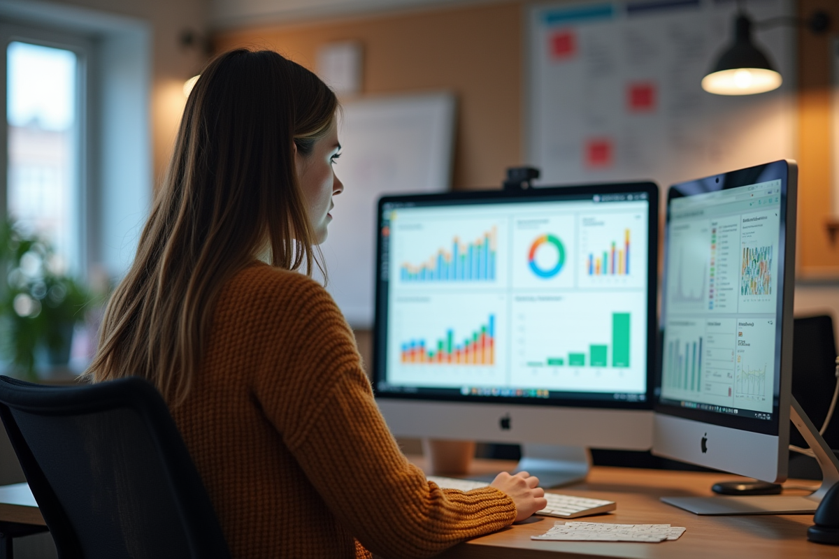Jeune femme en bureau analysant des métriques SEO sur son ordinateur